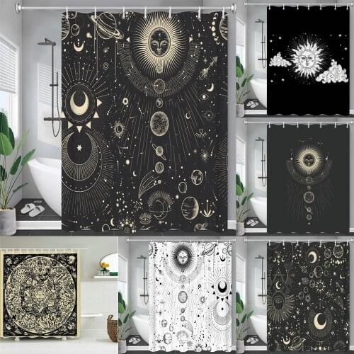 White Black Sun Moon Mandala Starry Sky Shower Curtains Bohemian Gypsy Psychedelic Tapiz Astrology Waterproof Bathroom Curtains