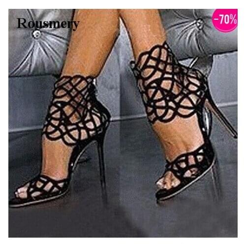 Women New Fashion Black Suede Leather Cut-out Ankle Wrap High Heel Sandals Super High Gladiator Sandals Dress Shoes