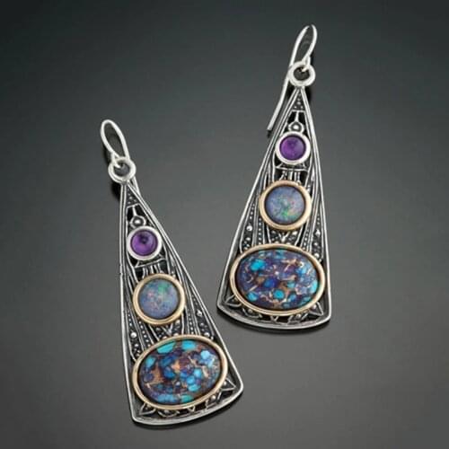 Tribal Triangle Purple Beads Long Dangle Earrings For Women Gypsy Jewelry Two Tone Metal Brincos Statement Water Drop Earring