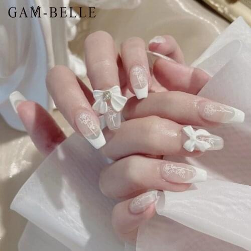 GAM-BELLE French White Rose Pattern False Nails with 3D Bow Ballerina Full Cover Nail Art Tips Beauty Artificial Fake Nails