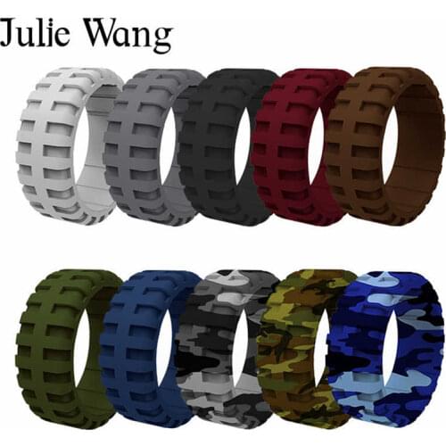 Julie Wang 10PCS/Set Tire Pattern Silicone Men Ring Mixed 10 Colors Fashion Party Sports Wedding Party Gift Cocktail Rings