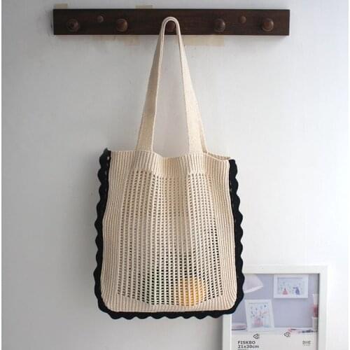 Hylhexyr Ins Lovely Beach Tote Hollow Mesh Knitted Shoulder Bag Simple Cotton Handbag Retro Wool Bags For Female Girl