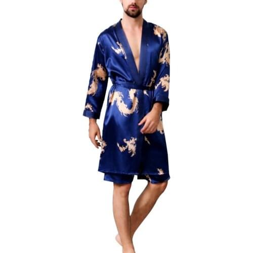 Men Pajama Sets V Neck Imitation Silk Dragon Print Bathrobe Short Pants Pajama Sleepwear Outfit Sets Summer Male халат мужской