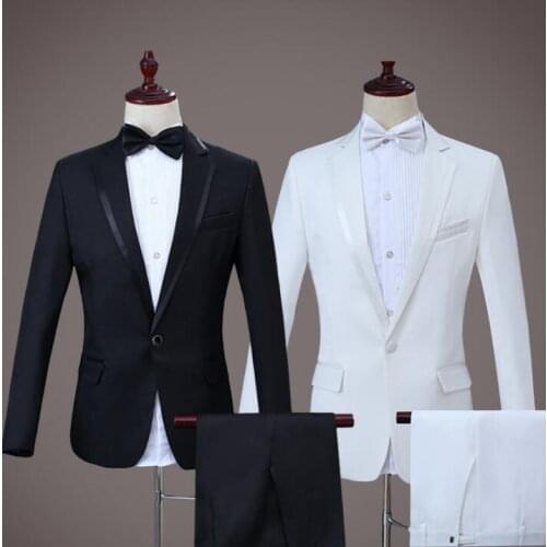 Black white singer star style dance stage clothing for men groom suit set with pants 2020 mens wedding suits formal dress tie