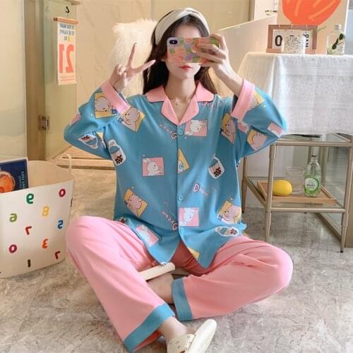 Newest Cotton Pajamas for Women Sweet Cartoon Pyjamas Woman Elegant Long Sleeve Lapel Buttons Homewear Ladies Sleepwear Sets