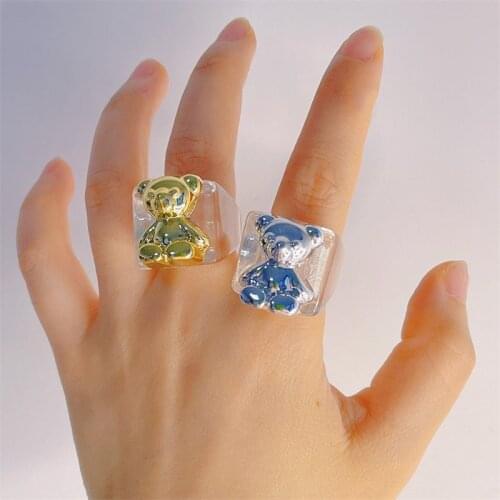 New Cartoon Cute Gold Silver Color bear Transparent Resin Rings Geometric Acrylic Square Ring For Women Girls Party Jewelry Gift