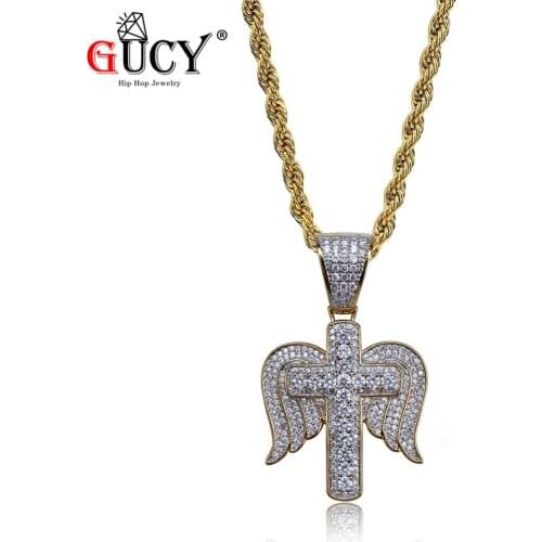 GUCY Iced Out Religious Cross With Wings Necklace & Pendant Chain Charm Cubic Zircon Mens Hip Hop Jewelry For Gift