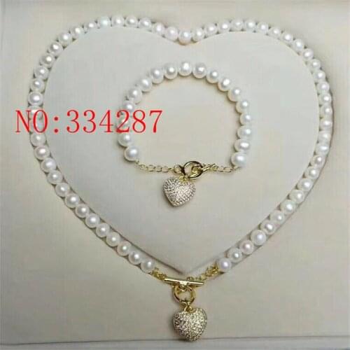 New natural freshwater cultured pearl necklace Bracelets 8-9MM AA set Heart-shaped clasp no box