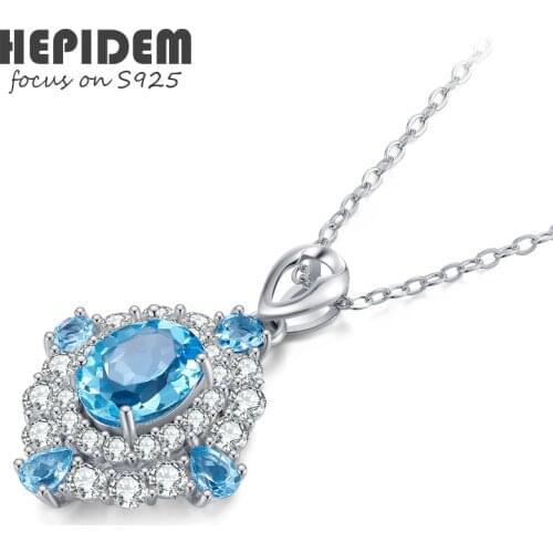 HEPIDEM 100% Really Topaz Pendant Necklace Women 925 Sterling Silver Natural Blue Gemstones Choker Statement with Chain H1280