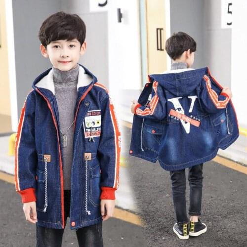 Boys 6-16 Y Winter Autumn Denim Long Sleeve Hooded Mid-long Fleece Warm Jean Coat Fashion Cowboy Letter Pattern Windbreak Jacket