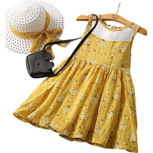 Girls Dress + Hat Chiffon Comfortable Childrens Dress 2021 Summer Dress Floral Girls' Sleeveless Dress For Children 2PCS/Set