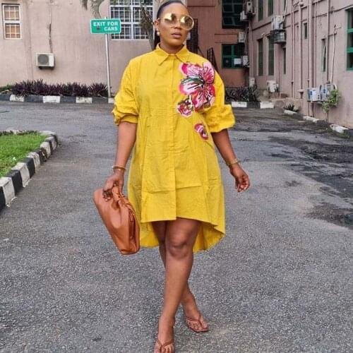 African Short Dresses For Women Summer New Fashion Flower Embroidery Puff Sleeve Loose Casual Elegant African Office Lady Dress