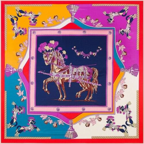 100% Silk Twill Luxury Brand Silk Scarf For Women New Fashion Large Square Scarves Headband palace War horse Print Shawl Hijab