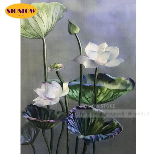 SIOSIOW DIY Diamond Embroidery Flower Full Drill Diamond Painting Rhinestones Cross Stitch White Lotus Diamond Mosaic Home Decor