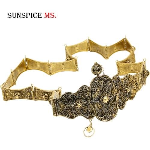 Sunspicems Ethnic Metal Caucasus Belt for Women Wedding Dress Jewelry Relief Buckle Link Chain Antique Bronze Gold Color