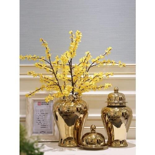 European Style Light Luxury gold ceramic temple Jar Vase Ornament Simple Ceramic Storage Pot porcelain Ginger jar silver