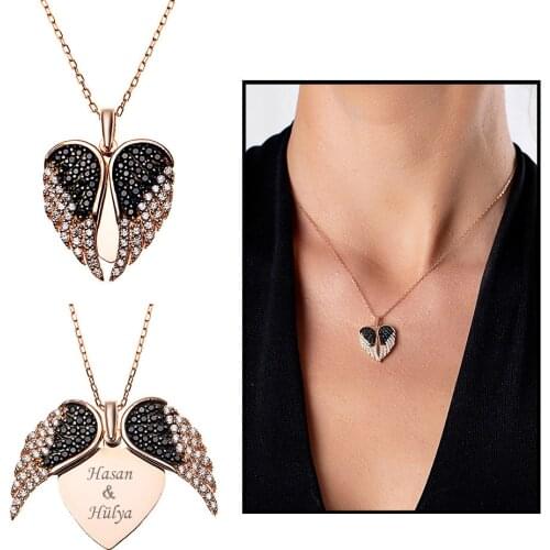 Tesbihane Zircon Personalized Name Written Rose 925 Sterling Silver Angel Wing Pendant