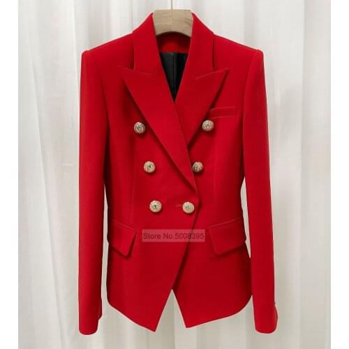 Amazing 2021ss Classic Red Blazer Gold Lion Buttons Double Breasted Elegant Ladies Suits with Shoulder Pads