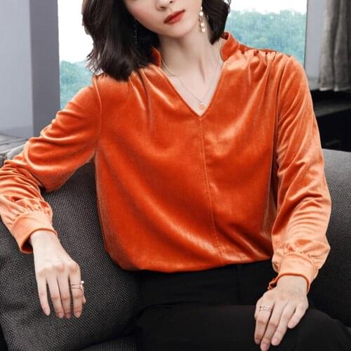 Spring Fall Fashion Women Elegant Velour Tee Shirt Blouse , Tops For Woman , Female Orange Blue 4xl Long Sleeve Velvet Tshirts