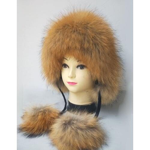 Thick Winter Warm Women Bombers Real Fox Fur Hat With Pom pom Casual Knitted Genuine Raccoon Fur Hats Female Caps With Earflap