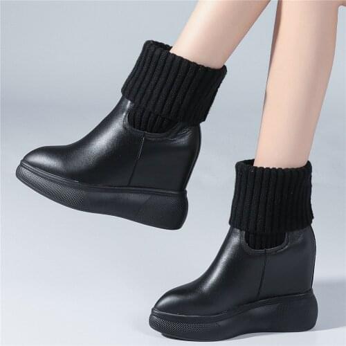 Winter Warm Creepers Women Genuine Leather Wedge High Heel Ankle Boots Female High Top Pointed Toe Fashion Sneakers Casual Shoes