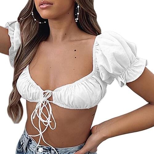 Sexy Women Summer Short Sleeve Ruffle Pleated Tube Top Bandeau Bandage Vest
