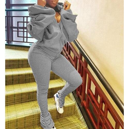 Joggers Women Set Backless Off Shoulder 2XL Stacked Sweatpants Zip Up Hoodies Lantern Sleeve Two Piece Set Solid Streetwear