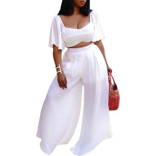 2021 Woman Fashion Ruffled Short Sleeves Crop Tops+High Waist Wide-Leg Pants Outfits Square Collar Top Trousers Plus Size XL-5XL
