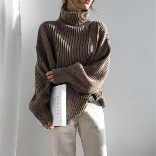 Oversized Cotton Knit Turtleneck Women Sweater Vintage Solid Cashmere Soft Loose Warm Thick Pullover Elastic Jumper Full Sleeve