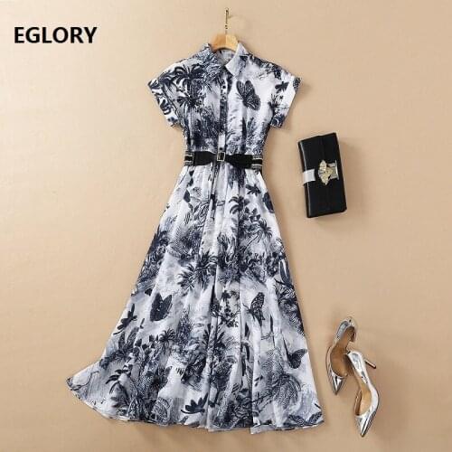 New Arrival Dress 2021 Spring Summer Clothing Ladies Turn-down Collar Vintage Ink Painting Print Short Sleeve Casual Dress Belt