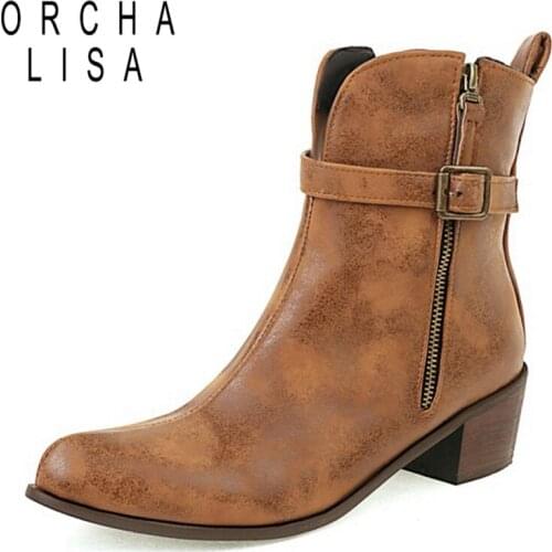 ORCHALISA 2021 Vintage Designer Ankle Boots Women Round Toe Square Mid Heel Zipper Big Size 32-43 Black White Yellow Brown S2458