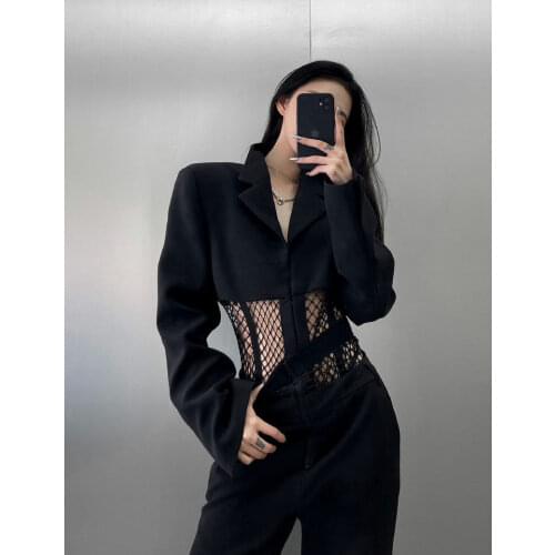2021 KoukiMa Black Hollow Out Blazer Two Piece Sets Female Jacket+Loose Straight-Leg Pants Wide-Leg Pants Cool Suits For Girls
