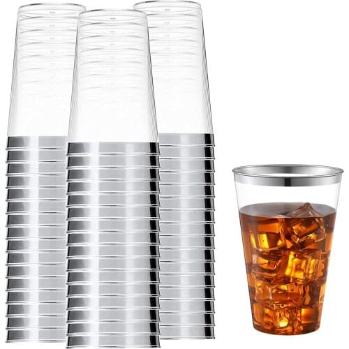 Silver Plastic Cups 10 Oz Clear Plastic Cups Tumblers Silver Rimmed Cups Fancy Disposable Wedding Cups Elegant Party Cups