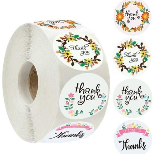 500pcs/roll Flowers Thank You Stickes 1 inch Round Packaging Stickers Birthday Party Stationery Sticker Sealing Label Stickers