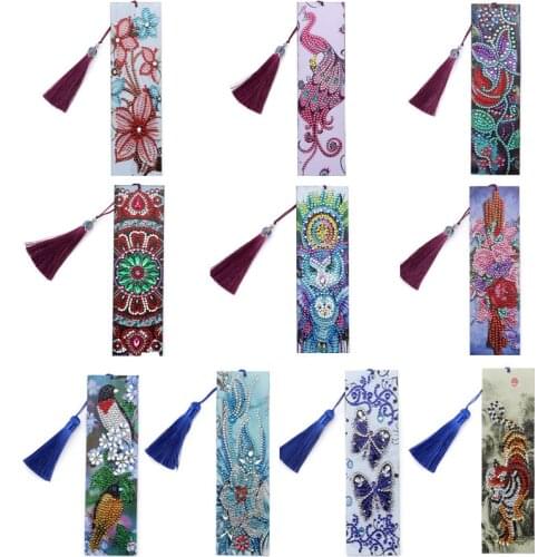 Diamond Painting Bookmark DIY Special Shaped Rhinestone Animal Tiger Cat Flowers Mosaic Embroidery Tassel Cross Stitch Marks