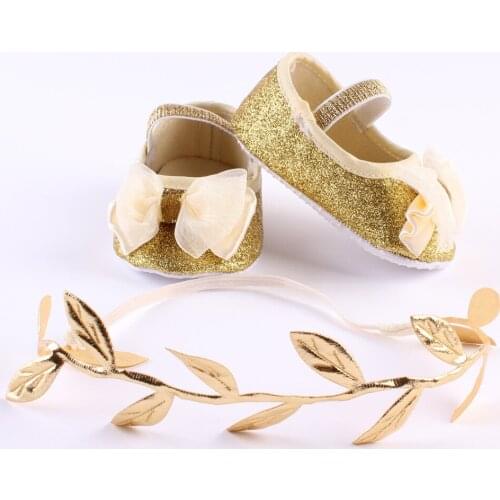 Newborn Baby Girl Gold Shoes Flower Bow Toddler Infant Baby Booties Headband Set Little Girl Baby Walker First Shoe+Headband