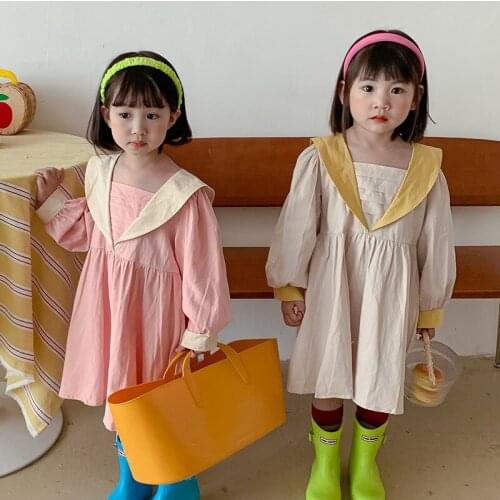 Korean childrens V-neck pleated girls' dress foreign style long sleeved princess skirt 1-6-year-old girls color matching dress