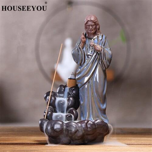 HOUSEEYOU Jesus and Virgin Mary Ceramic Backflow Incense Burner Creative Censer Home Office Decor