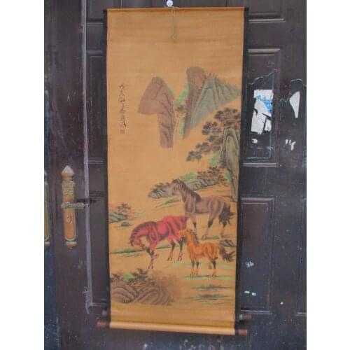 Collection Home wall decoration painting ,Chinese old paper scroll painting "3 horse " animals Painting