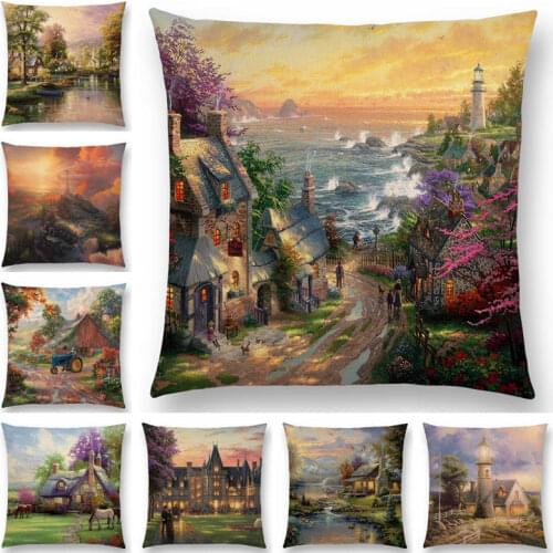 Forest Rivers Countryside Cabin Fields Gardens Scenery Oil Painting Fairy Tale Lighthouse Nice Cushion Cover Pillow Case