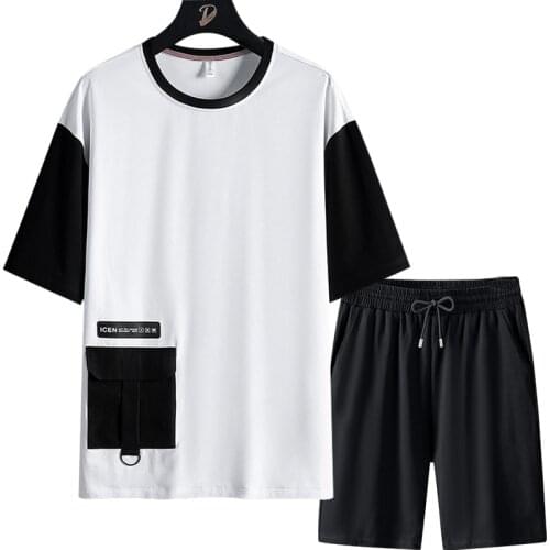 Summer Black White Patchwork Mens T-shirts Set Hip Hop Streetwear Oversized Tracksuits Men Harajuku Big Pockets Sweat Suits 8XL