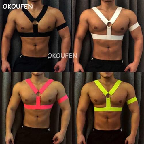 Mens chest strap metal ring pure color sexy mens elastic shoulder strap straps muscular men party carnival decoration
