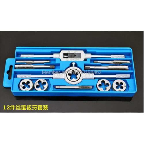 Free shipping, 12 pcs M6~M12 metric tap and die threading tools set, thread tool set with box packing