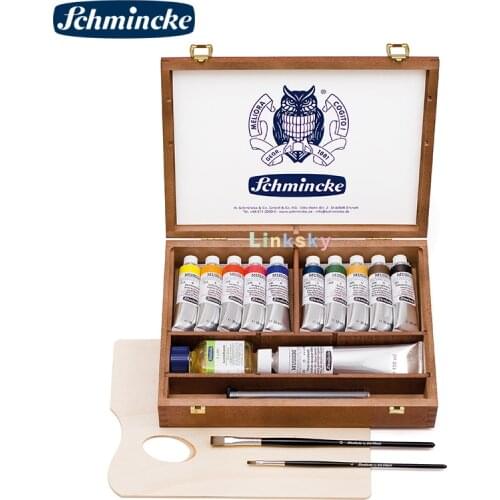 Schmincke MUSSINI Professional Finest Artists' Oil Colors Wooden Box Set-11 x 35 ml tubes, 2 x Da Vinci paint brushes (No.4 &10)