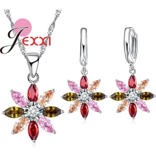 Newest Coming Fashion Sun Flower Cubic Zirconia Hot Genuine 925 Sterling Silver Necklace Set With Earrings Colorful Stone