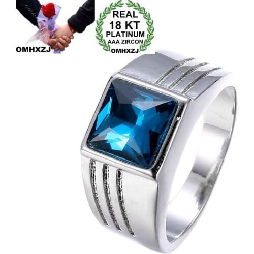 OMHXZJ Wholesale European Fashion Man Party Wedding Gift Square Blue AAA Zircon 18KT White Gold Ring RR624