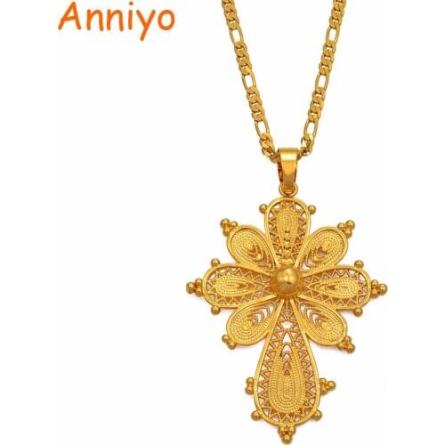 Anniyo Ethiopian Cross Pendant Chain Necklaces for Women Girls,Gold Color Eritrea Jewelry African Crosses #216806