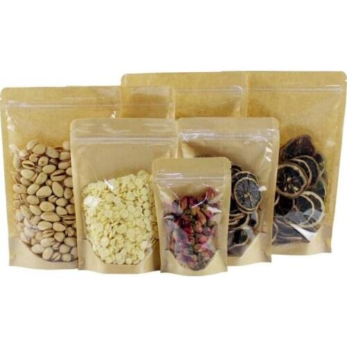 Kraft Paper Zipper Lock food packing bags Reusable Plastic front Transparent stand up pouch Gift Candy Baking snack bag