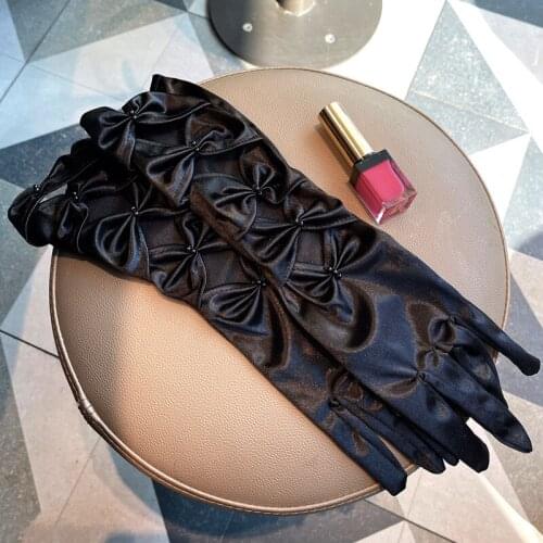 1 Pair White Black Bride Gloves Satin Gloves Wedding Bridal Accessories Ruffed Pearl Long Gloves Women Party Prom Dress Gloves