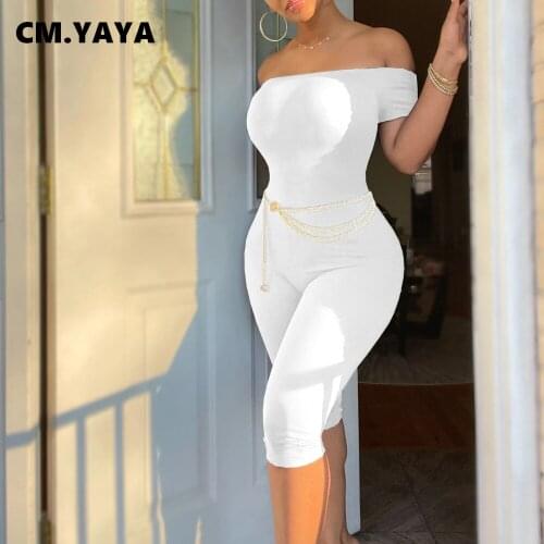 CM.YAYA Off Shoulder Short Sleeve Calf-Length Pants Jumpsuit Club Party Streetwear Bodycon Romper with Chain Summer Overalls
